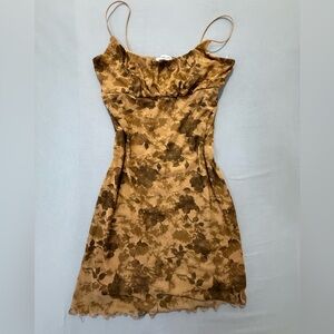 Ultra Flirt Floral Mesh Slip Dress Large Y2K Brown Floral Rose Print Mini Dress